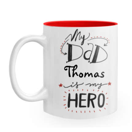 Fototasse zum Vatertag  mit Namen personalisiert "My Dad is my Hero" | 325 ml | Bedruckt bis zum Rand | Namentasse | Vatertagsgeschenk