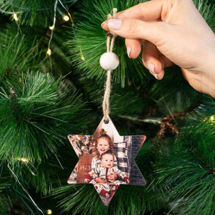 Holz Weihnachtsschmuck in Stern Form zum selber gestalten | Personalisiert mit Name oder Foto | Weihnachtsdekoration bedrucken